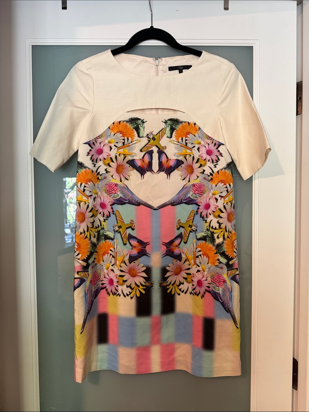 Tibi Cream Mini Dress with Multicolor Floral, Bird & Plaid Print